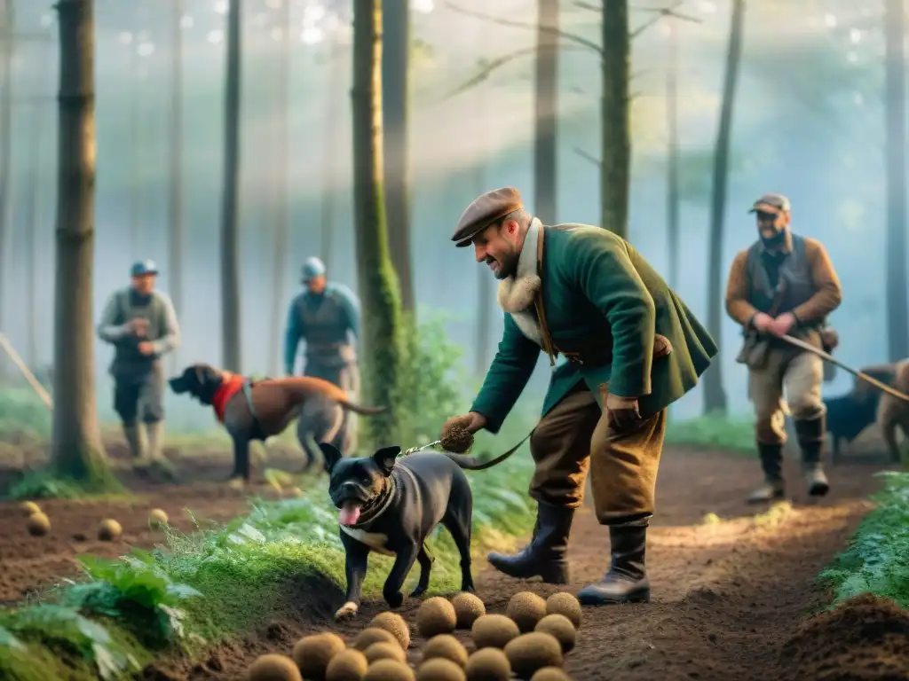 Un grupo de cazadores de trufas en la exuberante campiña italiana descubriendo una preciada trufa blanca, con expresiones de emoción y reverencia