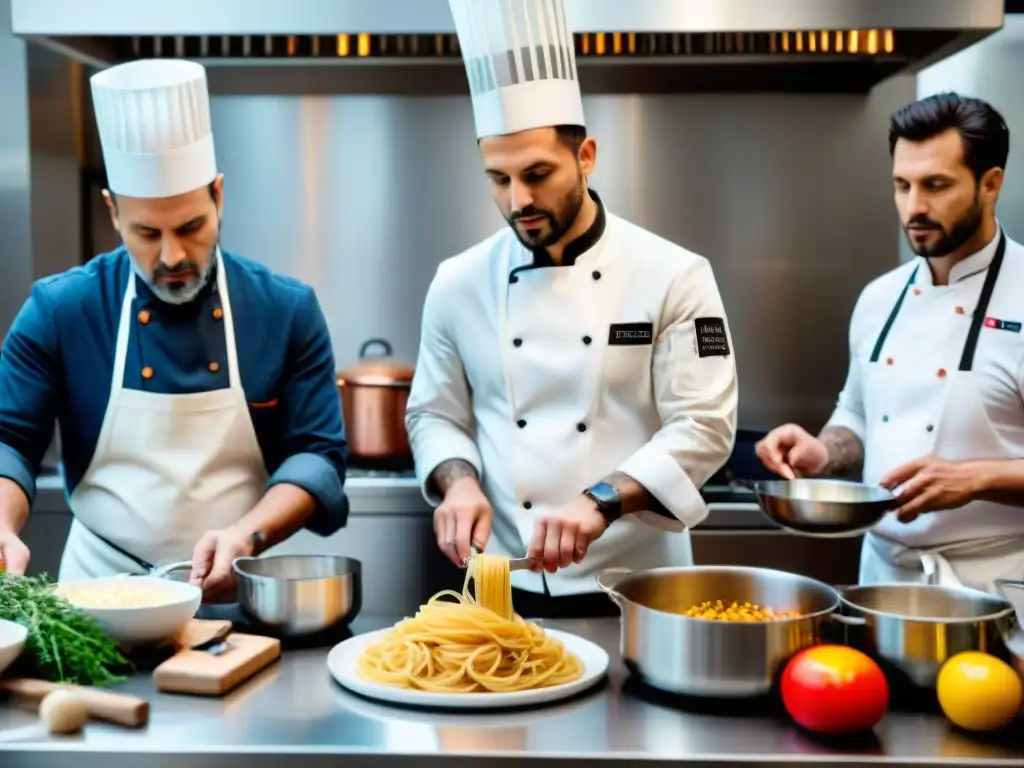 Grupo de chefs redefiniendo cocina italiana con pasión, creatividad y armonía en una bulliciosa cocina