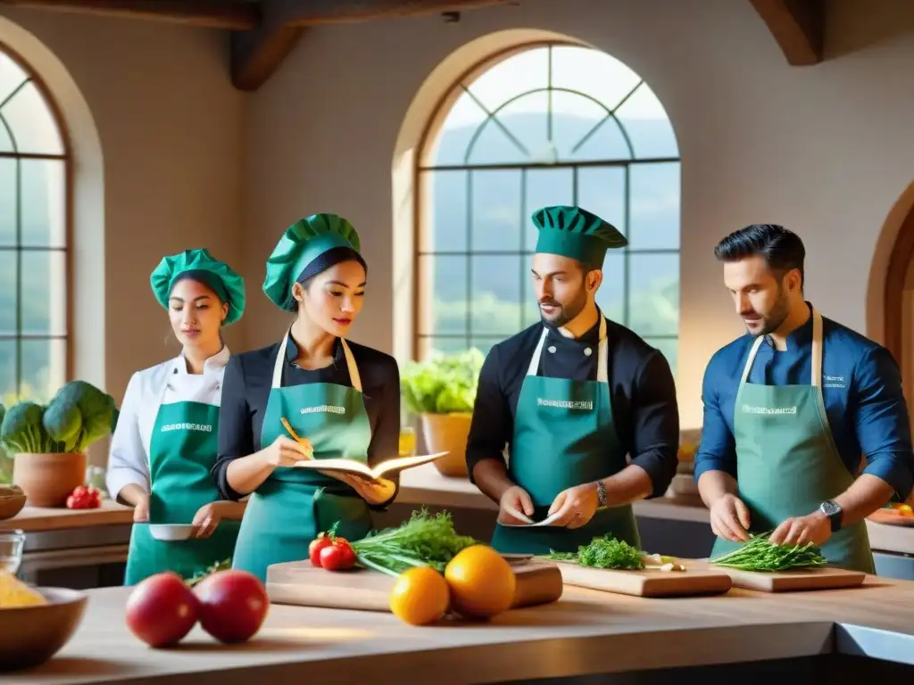 Grupo de chefs aprendiendo cocina sostenible italiana en cocina toscana, rodeados de productos locales