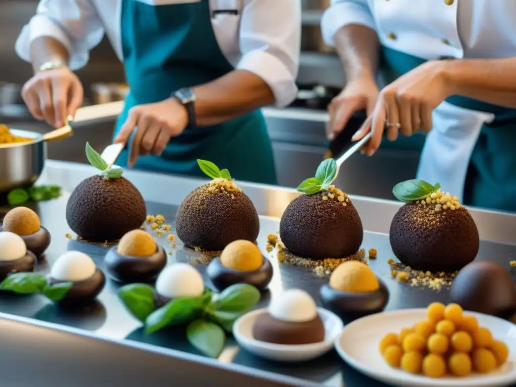 Un grupo de chefs expertos preparando exquisitos platos veganos de trufa en una lujosa cocina italiana