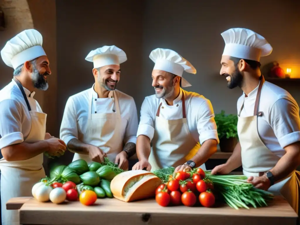 Un grupo de chefs italianos en un ambiente cálido y vibrante, compartiendo sabiduría culinaria