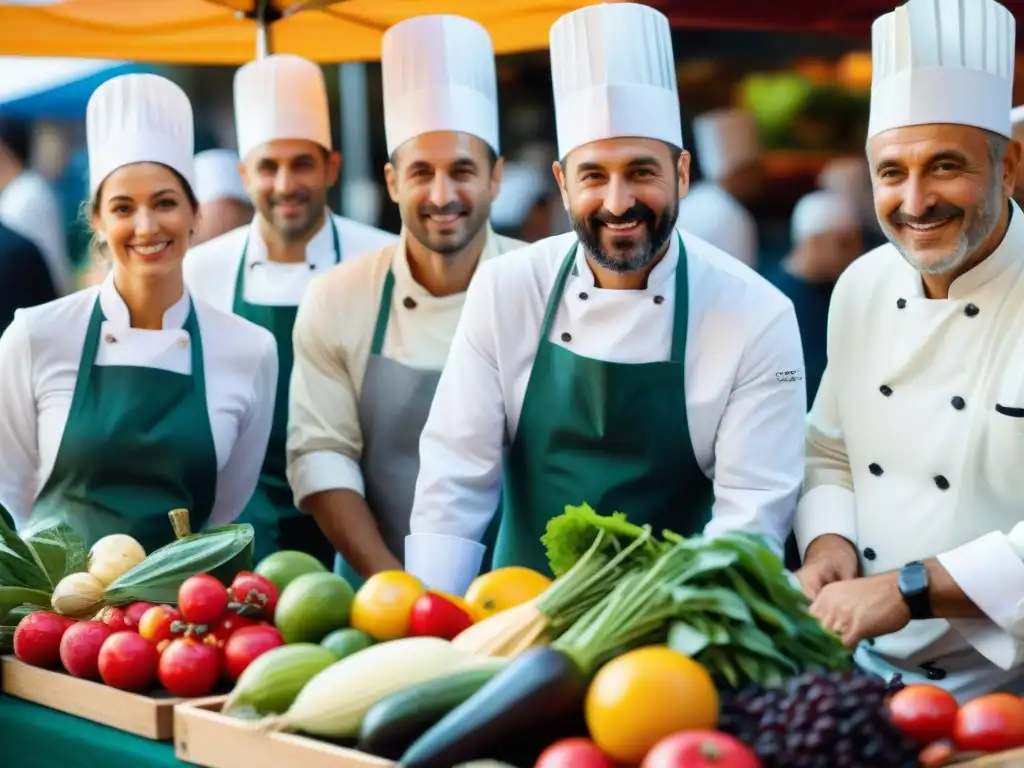 Un grupo de chefs italianos en una animada feria de agricultores, seleccionando con pasión ingredientes frescos