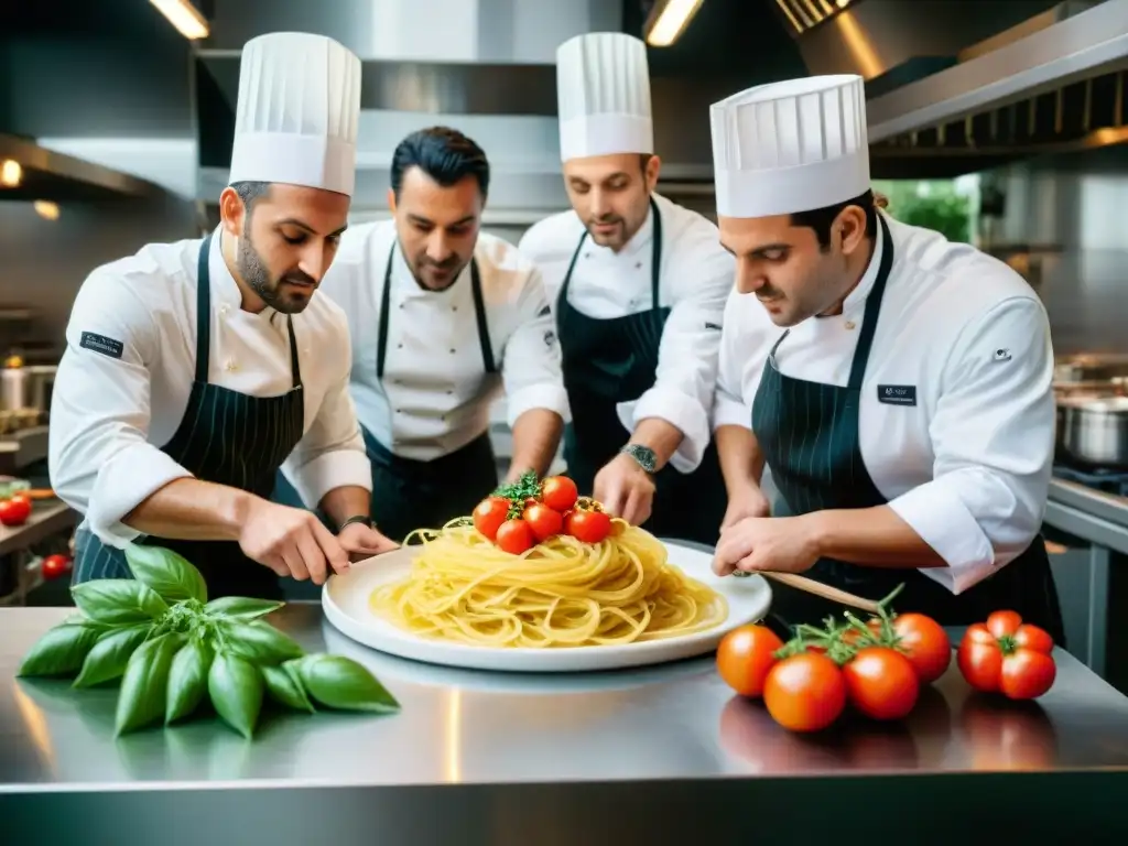 Un grupo de chefs italianos apasionados en una cocina moderna, creando platos auténticos