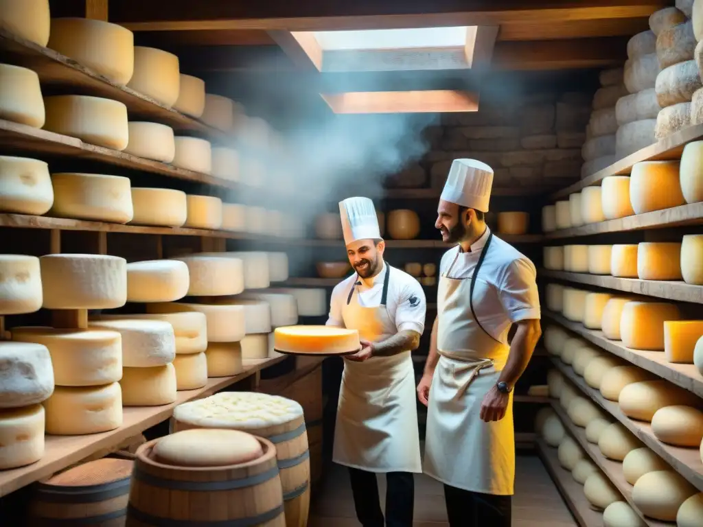 Cata de Quesos Artesanales con Maestros Italianos en Bodega Centenaria Un grupo de chefs italianos en una bodega de quesos rodeados de Parmigiano Reggiano y Pecorino Romano