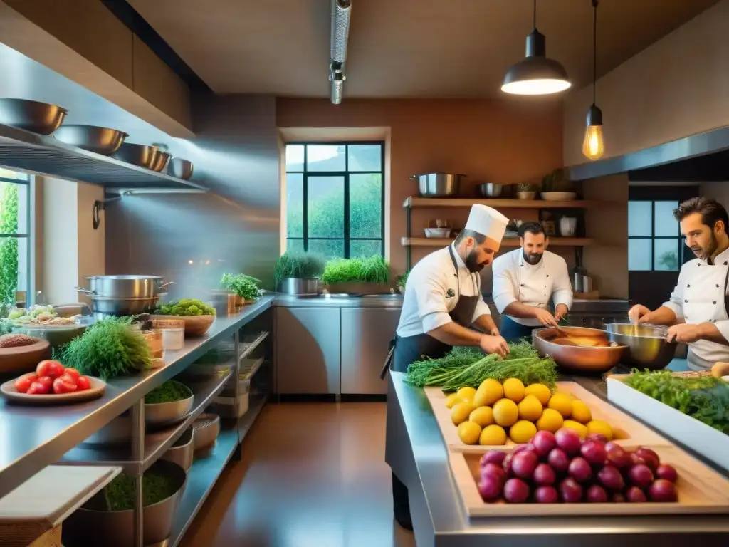 Un grupo de chefs italianos en una bulliciosa cocina sostenible, preparando platos con ingredientes frescos