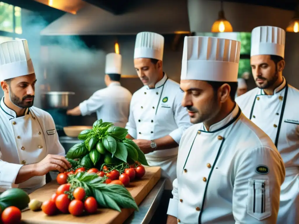 Un grupo de chefs italianos trabajan con pasión en una cocina rústica, rodeados de ingredientes frescos