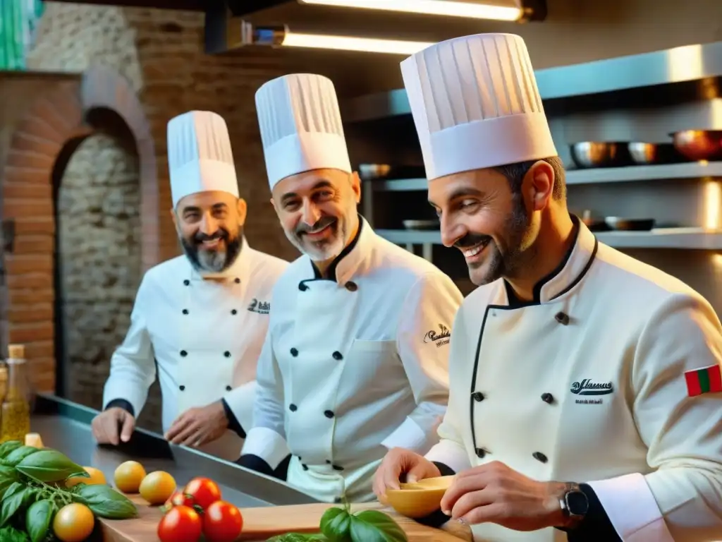 Un grupo de chefs italianos en una cocina rústica preparando Productos DOP e IGP Italia con pasión y orgullo