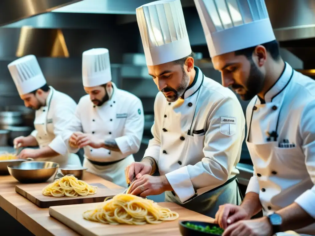 Un grupo de chefs italianos en una cocina bulliciosa, preparando platos con pasión y precisión