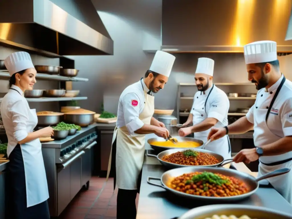 Grupo de chefs italianos innovando en cocina, rodeados de ingredientes coloridos y utensilios modernos