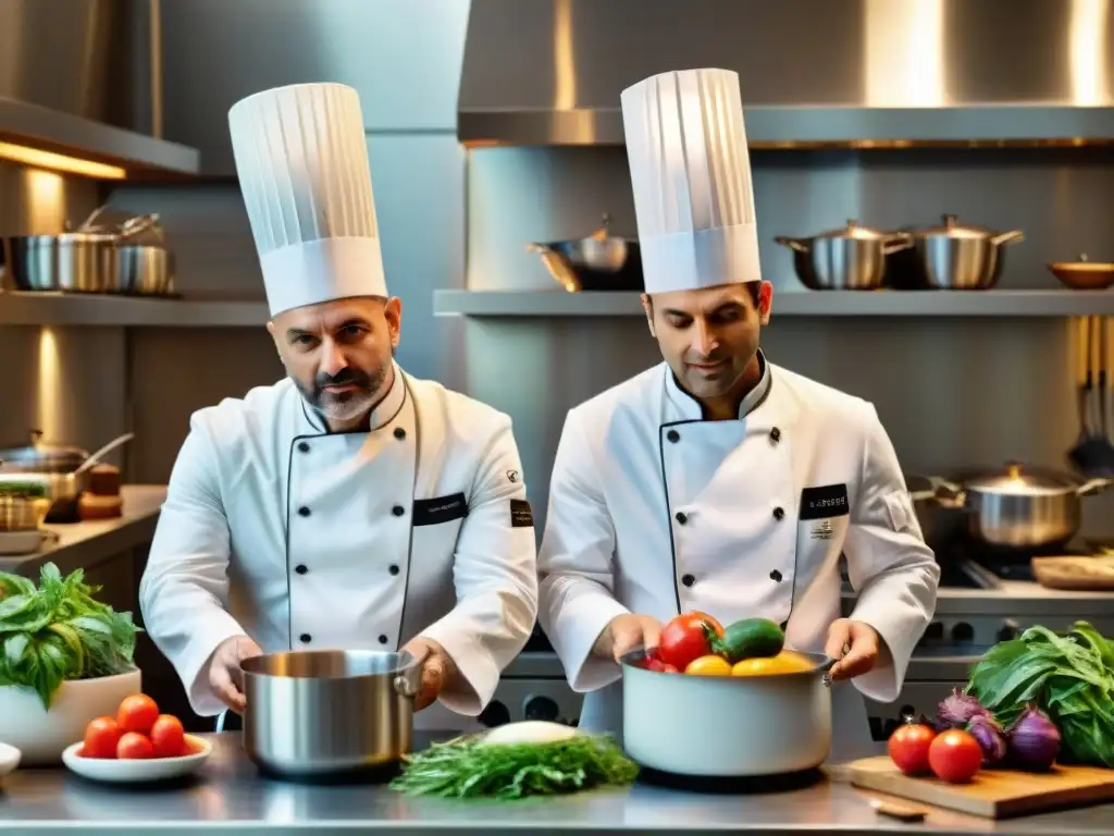 Grupo de Chefs italianos contemporáneos celebridades debatiendo animadamente en una moderna cocina llena de ingredientes frescos y equipos innovadores