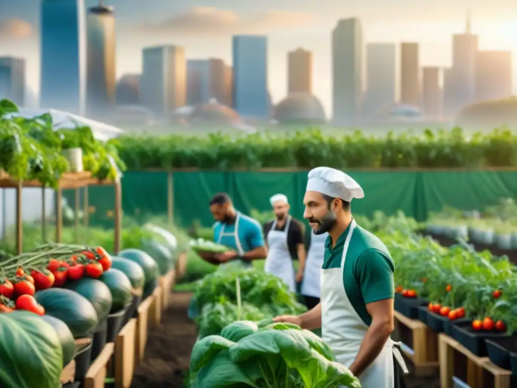 Un grupo de chefs italianos innovadores en un huerto urbano, compartiendo ideas entre verduras frescas