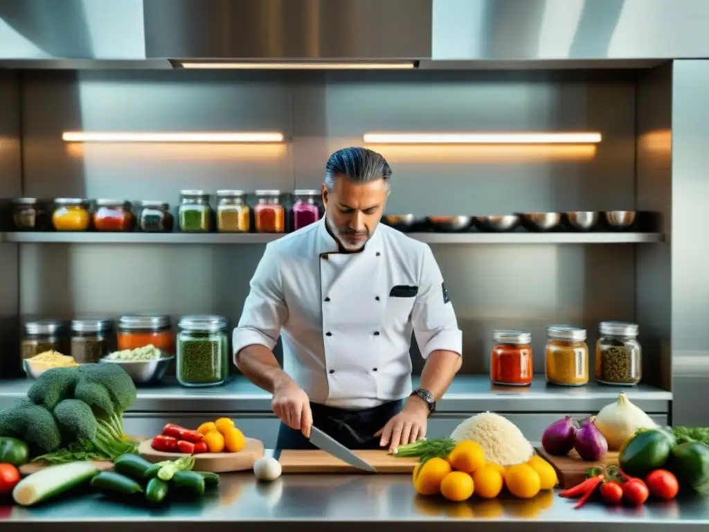 Grupo de chefs italianos con los mejores cuchillos en cocina de alta gama, cortando con precisión