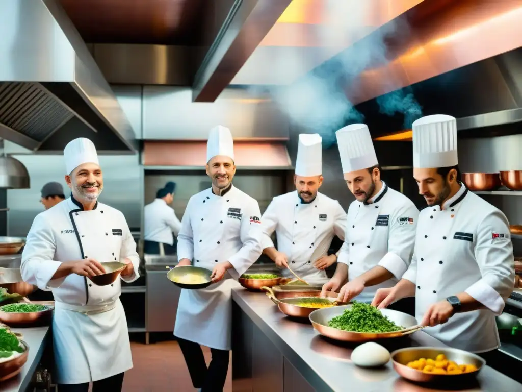 Un grupo de chefs italianos preparando platos con pasión y precisión en una cocina bulliciosa