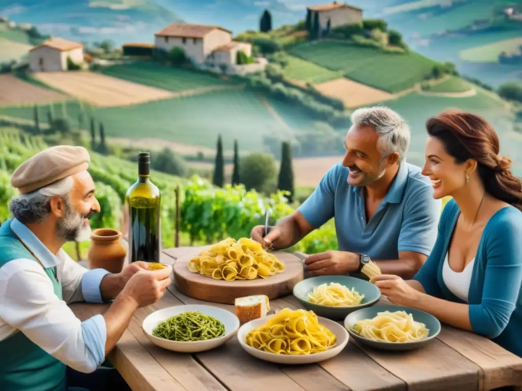 Grupo disfruta comida tradicional en viñedo italiano