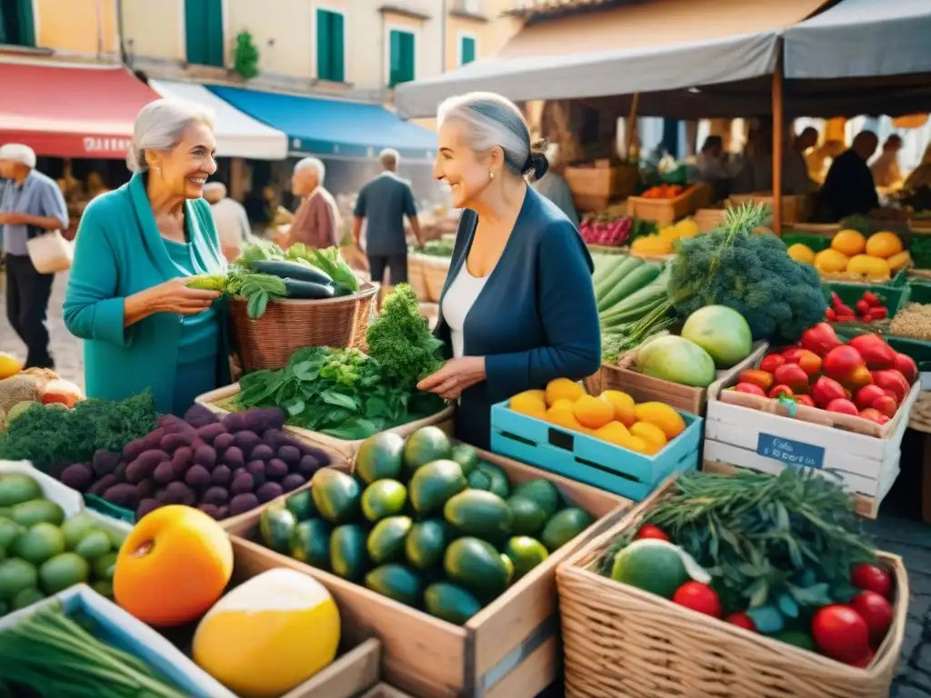 Grupo diverso de ancianos disfrutando de un animado mercado al aire libre, seleccionando productos frescos mediterráneos