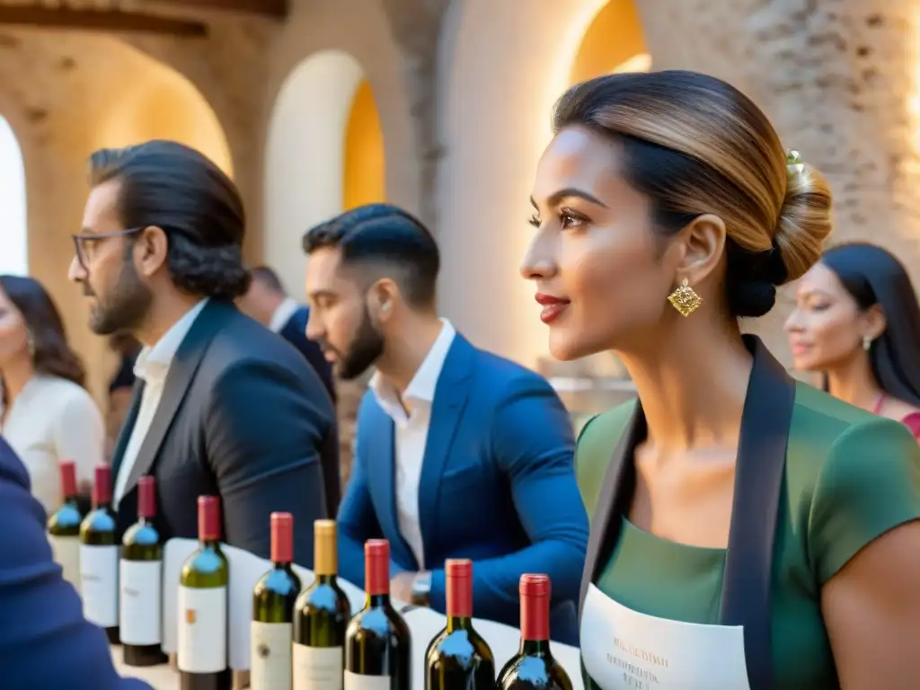 Un grupo diverso y apasionado participa en un taller sobre vinos italianos certificados, rodeados de elegantes etiquetas