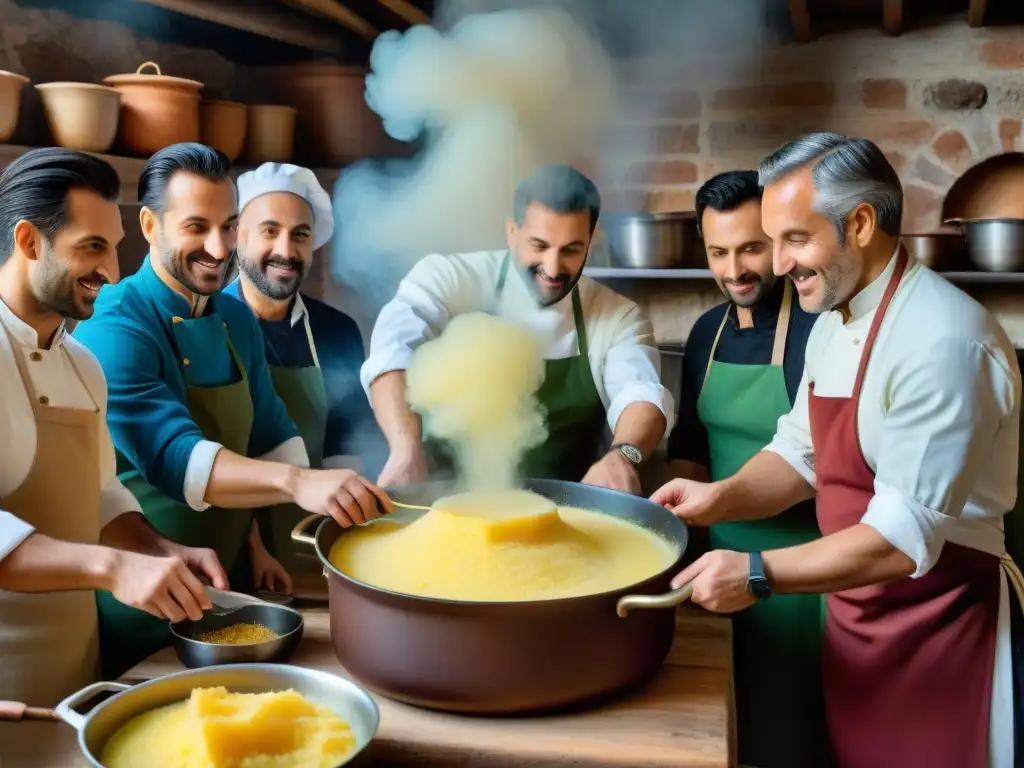 Un grupo diverso de chefs italianos en una cocina rústica, preparando polenta, reflejando la historia de la polenta italiana