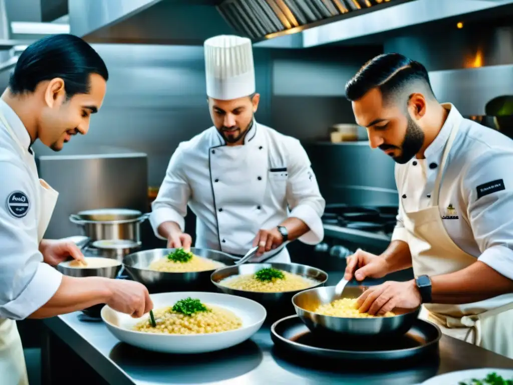 Un grupo diverso de chefs preparando risotto tradicional internacional recetas en una cocina profesional