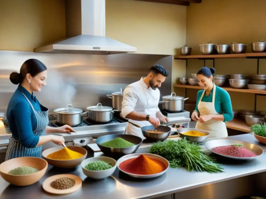 Grupo diverso en clase de cocina italiana avanzada en una cocina toscana tradicional, preparando platos regionales con pasión