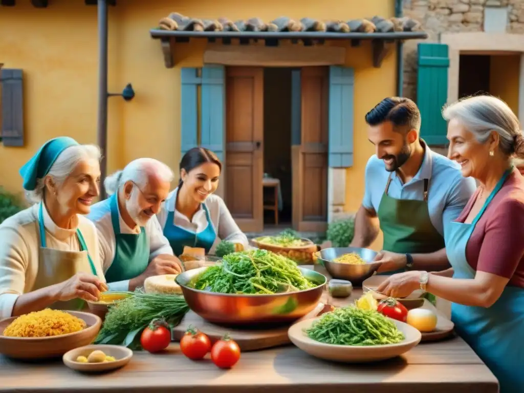 Grupo diverso disfruta de comida italiana en comunidad al aire libre en pintoresco pueblo italiano