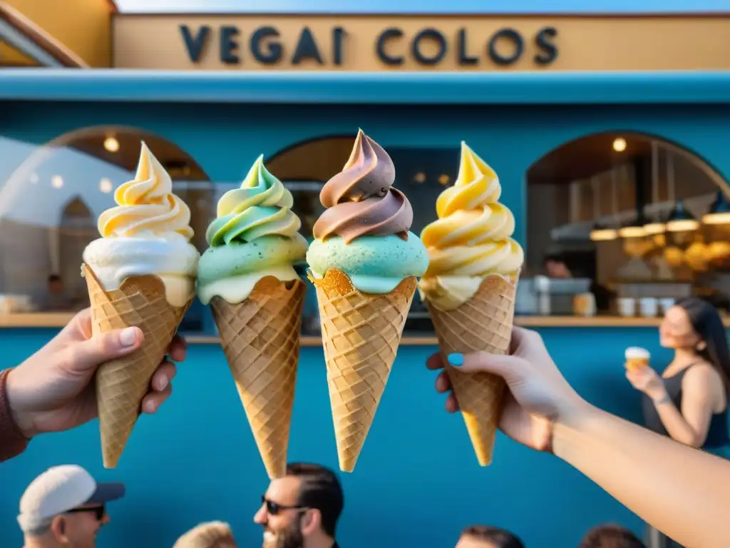 Un grupo diverso disfruta alegremente conos de gelato vegano tradicional y innovador en una gelatería al aire libre