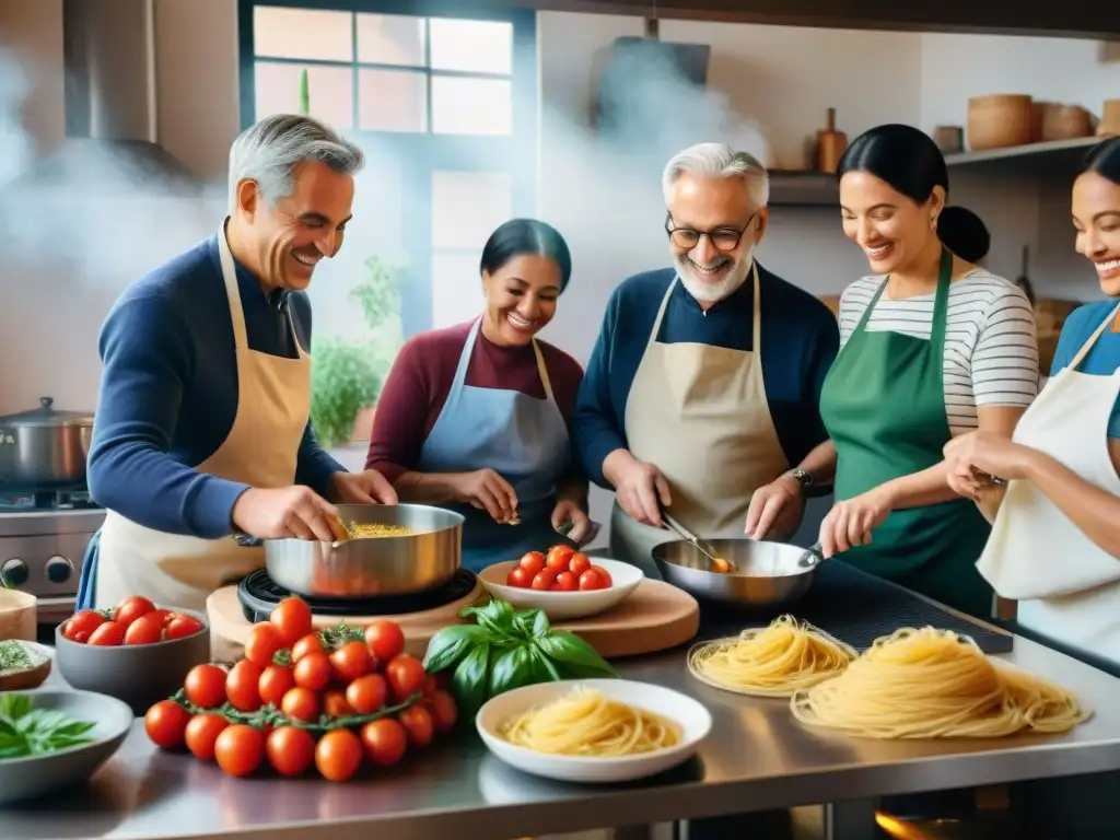 Grupo diverso cocina feliz en comunidad con ingredientes italianos