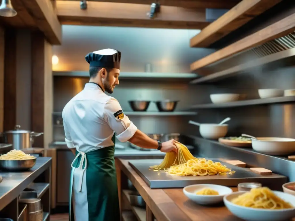 Un grupo diverso de jóvenes chefs en una trattoria italiana moderna preparando platos tradicionales con un toque contemporáneo