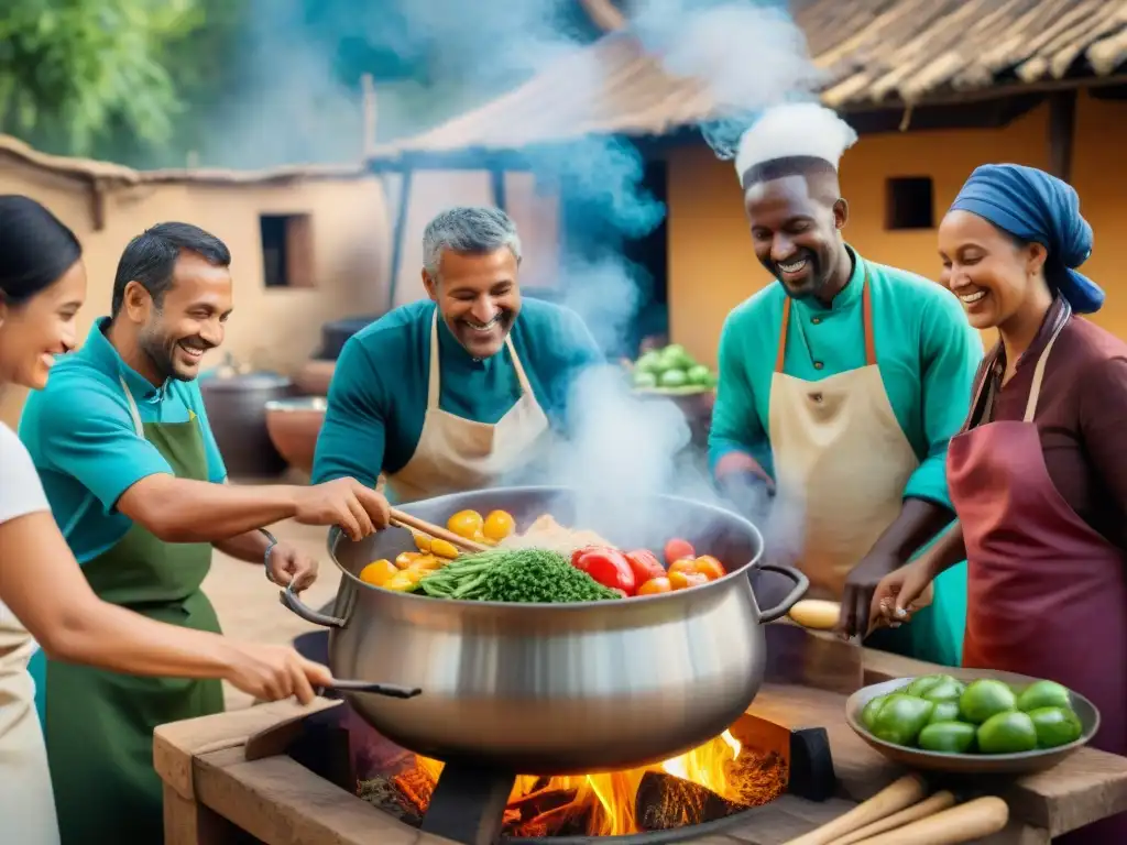 Un grupo diverso disfruta de cocinar juntos al aire libre en un pueblo italiano, fusionando influencias africanas en cocina italiana