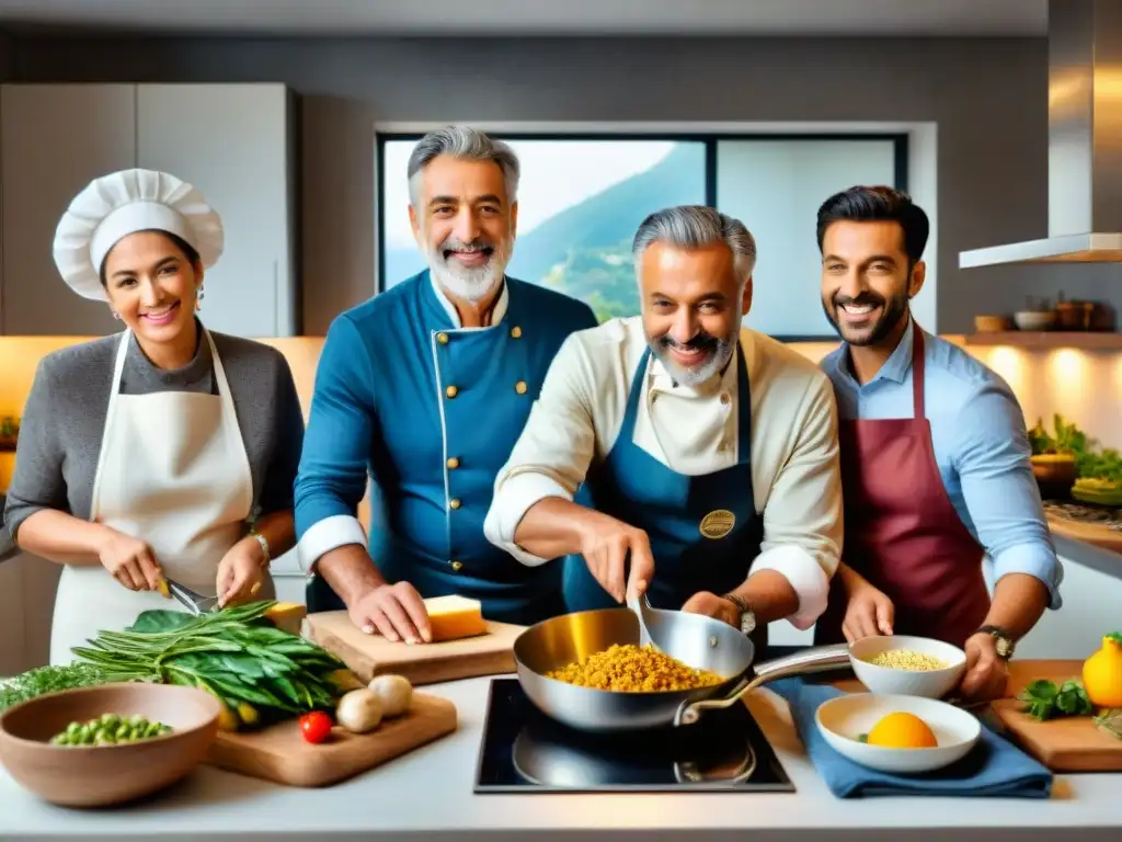 Grupo diverso cocinando juntos en bulliciosa cocina italiana