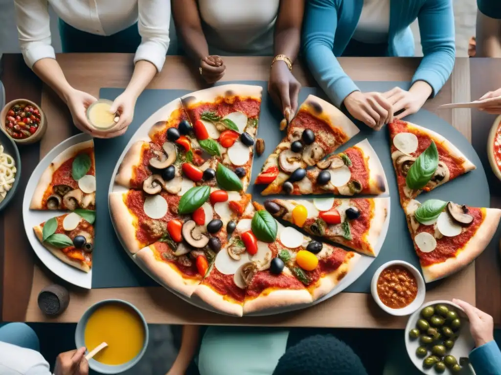 Un grupo diverso de personas comparte pizzas en armonía, representando historias de integración con pizza