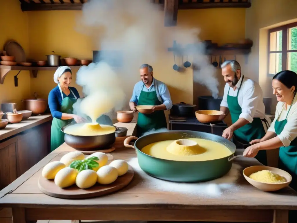 Escena culinaria: elaboración de polenta tradicional en Italia Un grupo diverso de personas disfruta preparando polenta en una cocina rústica en Italia