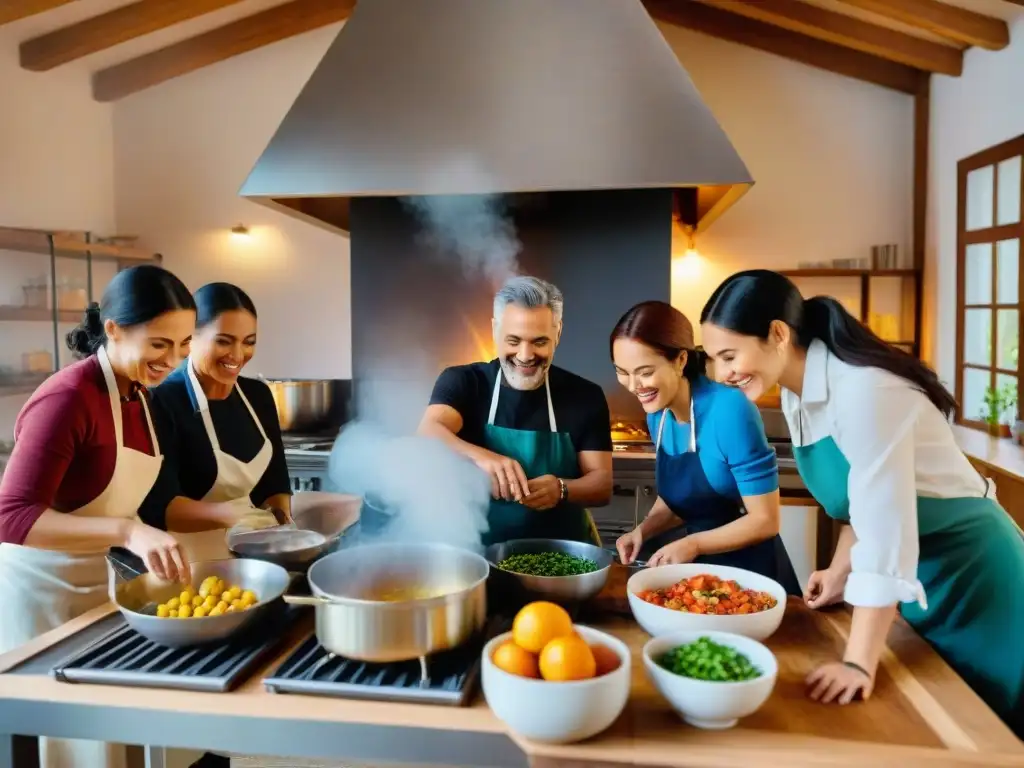 Grupo diverso preparando platos italianos juntos en una cocina comunitaria rústica