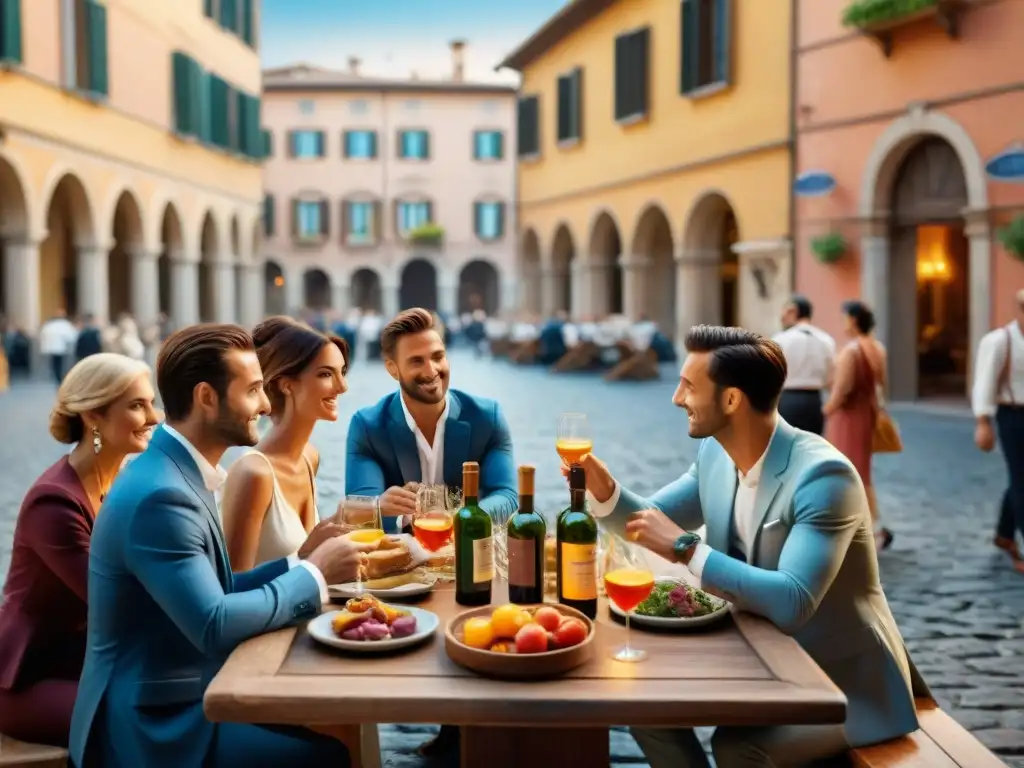 Grupo elegante disfruta de aperitivos en piazza italiana al atardecer