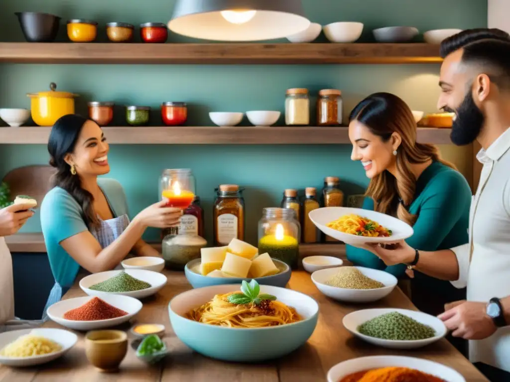 Grupo de entusiastas de cocina italiana disfrutan de plato de pasta casera mientras exploran aplicaciones para cocina italiana