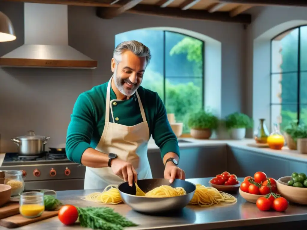 Grupo de estudiantes entusiastas en una cocina italiana tradicional, aprendiendo a hacer pasta de la mano de un chef experto