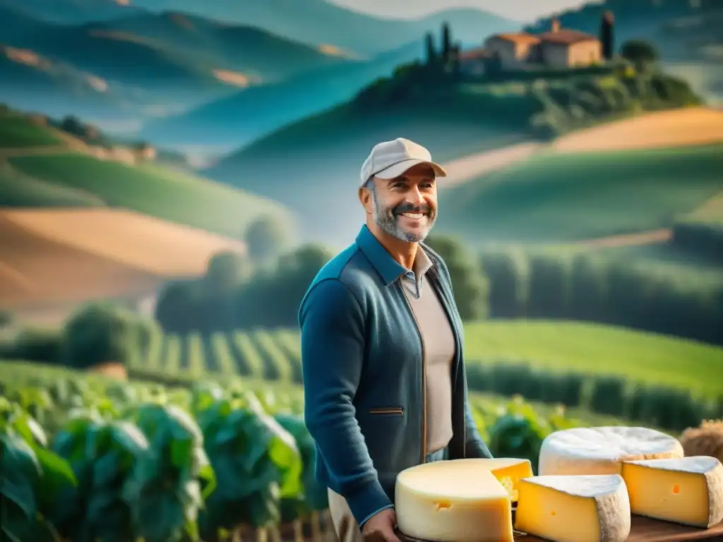 Grupo de granjeros italianos sonrientes en granja de queso en Toscana