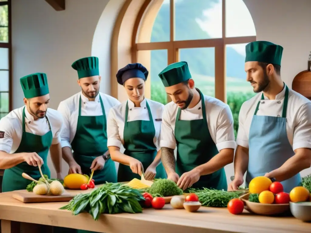 Un grupo de jóvenes chefs preparando una comida sostenible en una cocina italiana