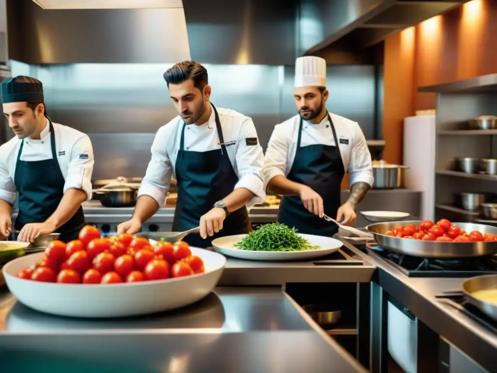 Un grupo de jóvenes chefs italianos preparando platos tradicionales con un toque moderno, rodeados de ingredientes vibrantes