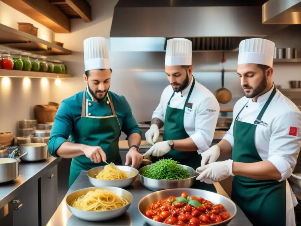 Un grupo de jóvenes chefs reinventando platos italianos en una bulliciosa cocina