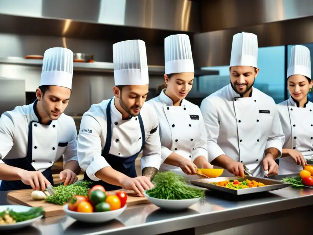 Un grupo de jóvenes chefs preparando platos únicos fusionando sabores italianos con influencias globales en una cocina moderna y creativa