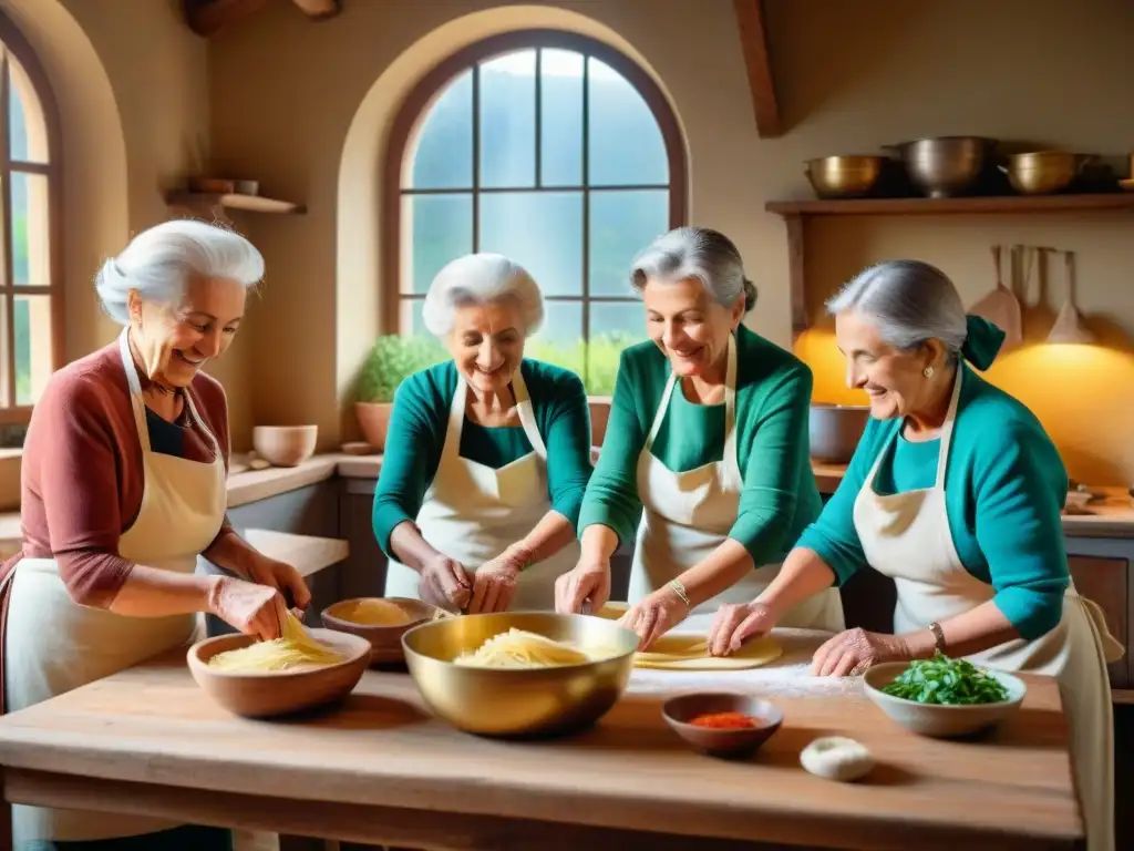 Un grupo de mujeres italianas mayores preparando pasta casera en una cocina rústica