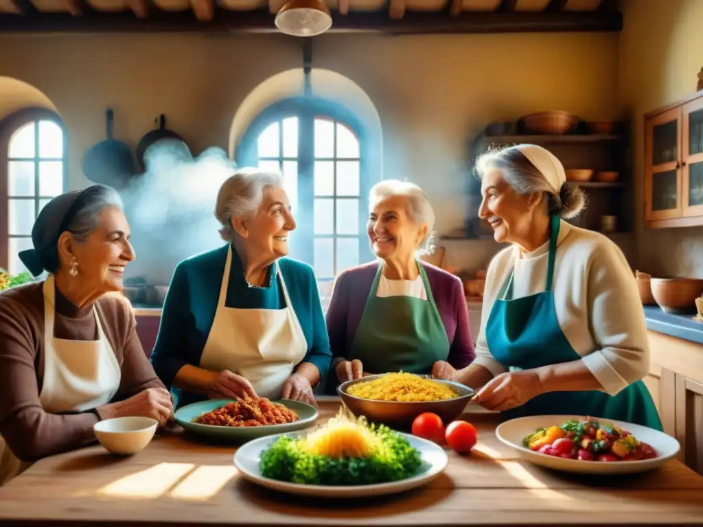 Un grupo de mujeres italianas mayores disfrutando de la cocina tradicional en un ambiente acogedor