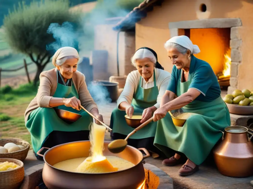 Conmovedora preparación de polenta por ancianas italianas en el campo Un grupo de mujeres italianas mayores preparando polenta al aire libre en un entorno rural y tradicional