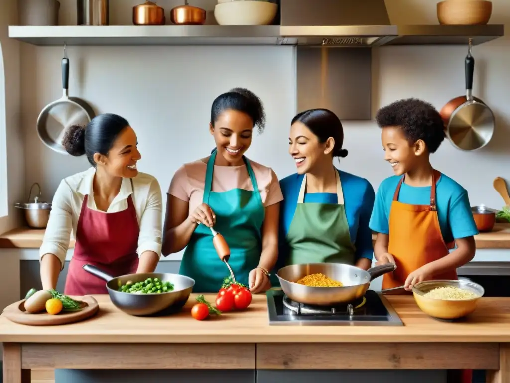 Un grupo de niños de diversas culturas cocina felizmente juntos en una bulliciosa cocina italiana, transmitiendo amor por la cocina italiana