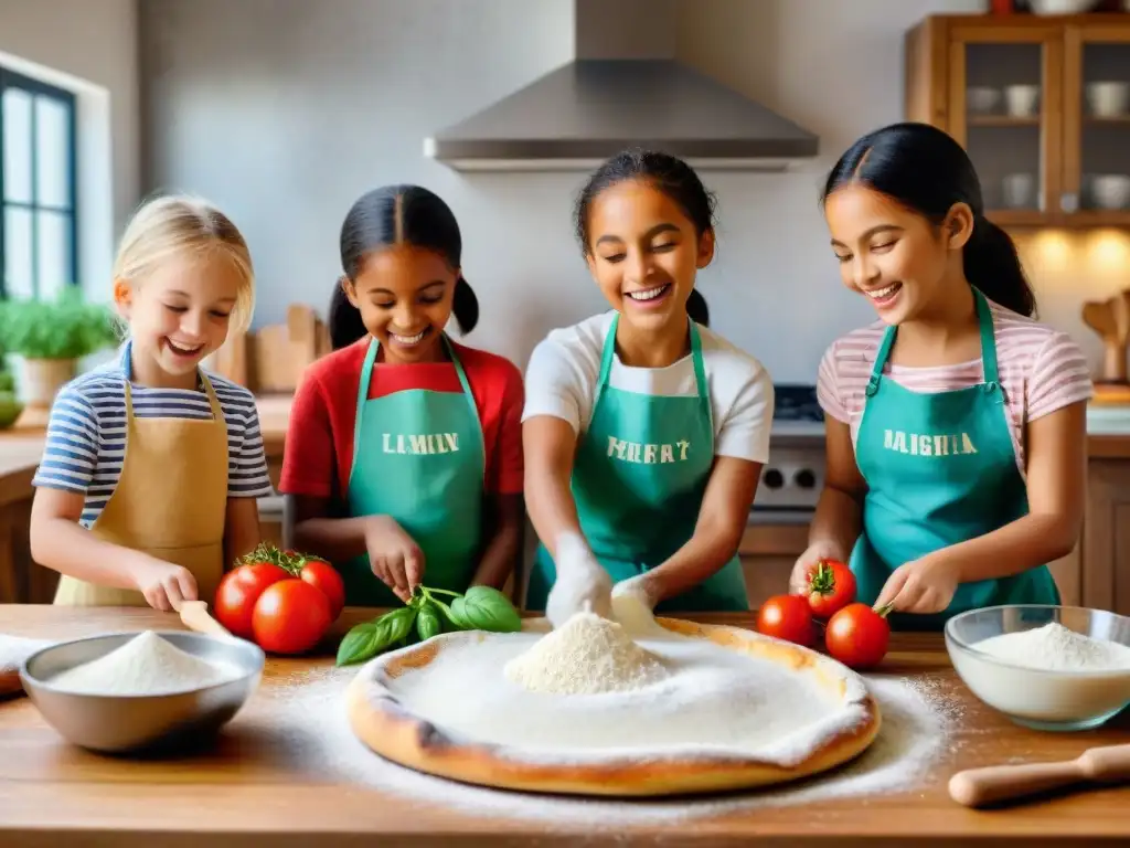 Grupo de niños sonrientes haciendo masa de pizza casera en la cocina, rodeados de ingredientes