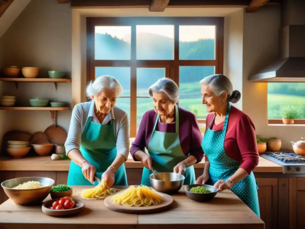 Grupo de nonnas italianas en una cocina rústica cocinando recetas italianas tradicionales auténticas