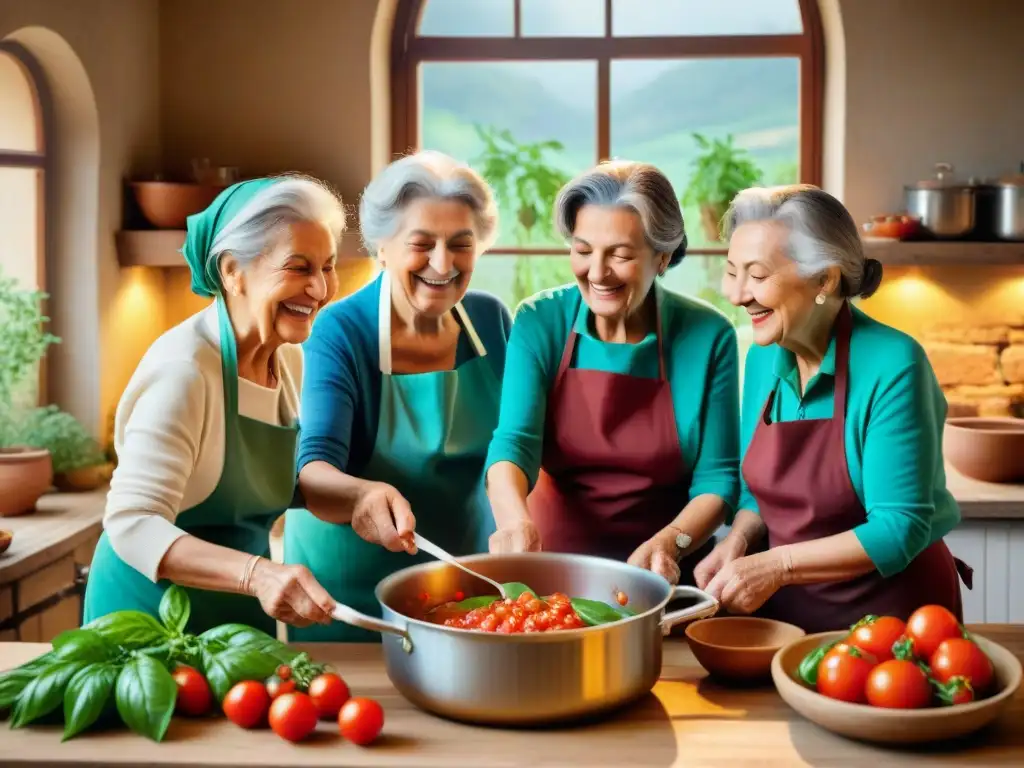 Un grupo de nonnas italianas preparando juntas un tradicional ragù en una cocina rústica, en una escena llena de calidez y tradición culinaria