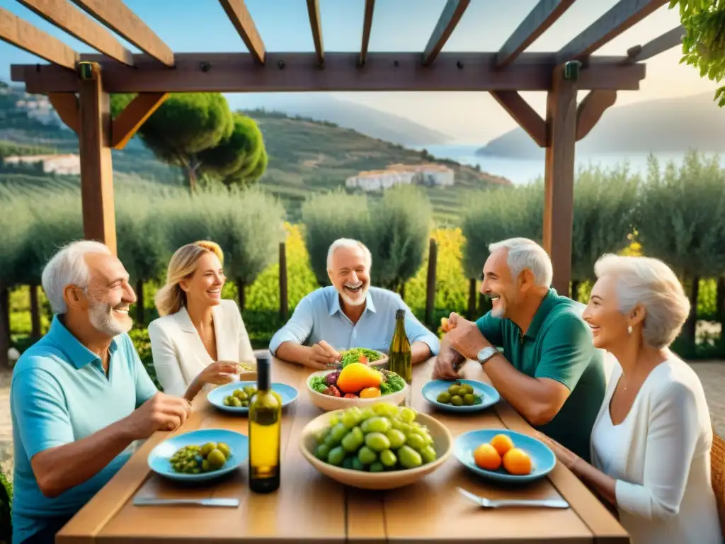 Un grupo de personas mayores riendo y disfrutando de una comida bajo una pérgola en un pueblo costero mediterráneo