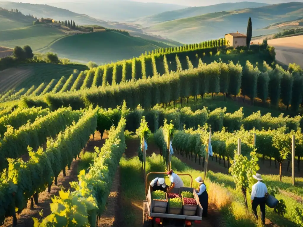 Un grupo de personas cosechando uvas en los viñedos de la Toscana, Italia, evocando tradición y culinaria