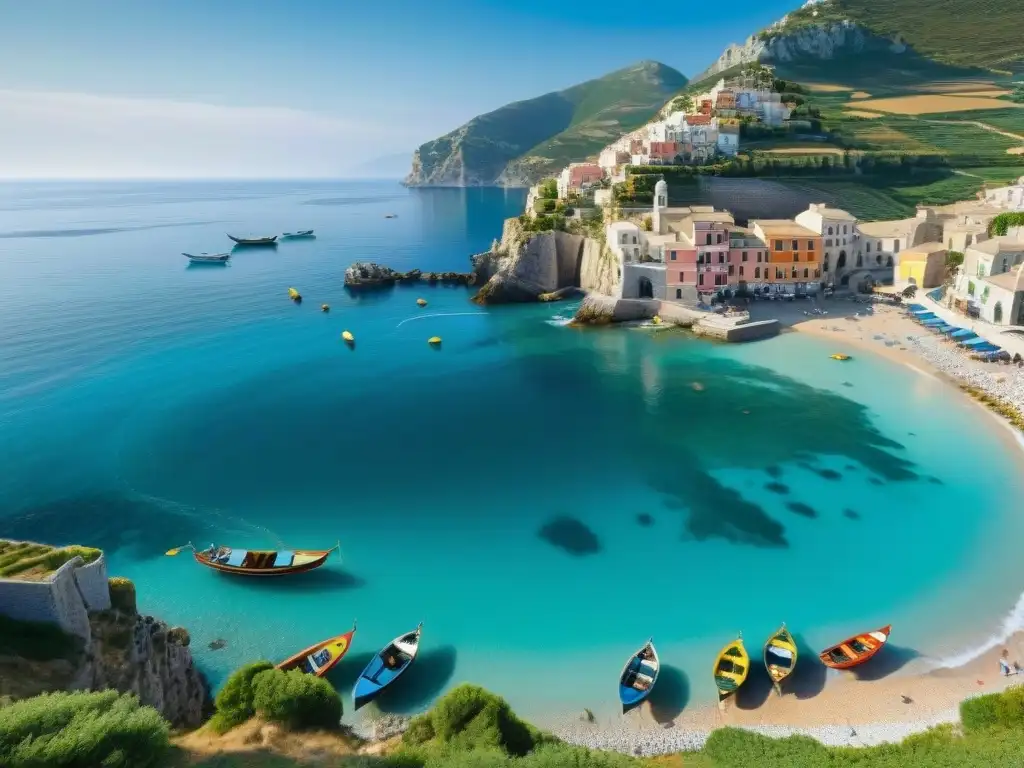 Grupo de pescadores italianos en un pueblo pesquero, reparando redes junto a barcos coloridos en la costa sur de Italia